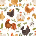 Seamless pattern with cute roosters, chickens, hens and leaves on white background. Endless repeatable backdrop with Royalty Free Stock Photo