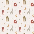 Seamless pattern with cute scandinavian houses, moon and stars. Royalty Free Stock Photo