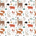 Seamless pattern with cute scandinavian woodland animals and plants