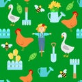 Seamless pattern with cute scarecrow, chicken, goose, watering can with flowers, tulips and daffodils in cartoon style. Royalty Free Stock Photo