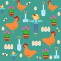 Seamless pattern cute scarecrow, planter with flowers tulips, bee, chicken, tray with eggs, spatula and rake. Royalty Free Stock Photo