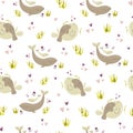 Seamless pattern with cute sea animals families whales, manatees. Nursery print Royalty Free Stock Photo