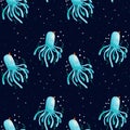 Seamless pattern. Cute sea octopus princess with crown on black decorative background with algae. Raster digital drawing Royalty Free Stock Photo