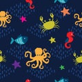 Seamless pattern cute sea world animal with dark blue background Royalty Free Stock Photo