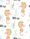 Seamless pattern with cute seahorse isolated on white