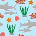 Seamless pattern cute shark and sea elements algae corals seashell fish starfish vector illustration