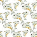 Seamless pattern with cute sharks. Sea life. Vector illustration