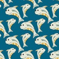 Seamless pattern with cute sharks. Sea life. Vector illustration