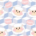 Seamless pattern of cute sheep face with happy word.Animal character design.Blue