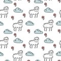 Seamless pattern. Cute Sheep , flowers and clouds. Fashionable hand-drawn design for fabric, covers and other