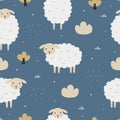Seamless pattern with cute sheep and forest elements Royalty Free Stock Photo