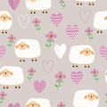 Seamless pattern with cute sheep, hearts and flower for your fabric, children textile, apparel, nursery decoration, gift wrap