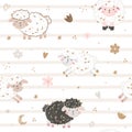 Seamless pattern with cute sheep, moon, clouds, flowers. Creative good night background. Perfect for kids apparel,fabric, textile Royalty Free Stock Photo