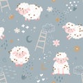 Seamless pattern with cute sheep, moon, clouds, flowers. Creative good night background. Perfect for kids apparel,fabric, textile Royalty Free Stock Photo