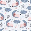 Seamless pattern with cute Sheep is sleeping on the moon. Lamb on the starry fantatic sky.Vector good nignt, sweet Royalty Free Stock Photo