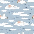 Seamless pattern with cute sheeps flying in clouds Royalty Free Stock Photo