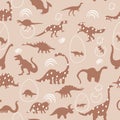 Seamless pattern with cute silhouettes baby dinosaurs. Jurassic,mesozoic reptiles with animal eggs.