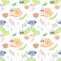 Seamless pattern, cute simple bugs, snail, insects cartoon baby, on white background for fabric, wrapping paper