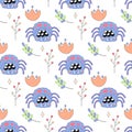 Seamless pattern,cute simple spider in flowers,bug insect,cartoon,kids,on white background for fabric,wrapping paper Royalty Free Stock Photo