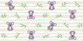 Seamless pattern with cute sitting koala with eucalyptus twigs on a soft striped background with dots