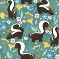 Seamless pattern with cute skunks and flowers. Vector graphics