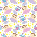 Seamless pattern with cute sleeping owls, baby, moon, stars and clouds. Sweet dreams background. Vector illustration