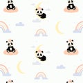 Seamless pattern. Cute sleeping panda on moon and bear cub on cloud on white background with rainbow and stars. Vector Royalty Free Stock Photo