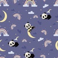 Seamless pattern. Cute sleeping panda and playful bear cub on moon on purple background with rainbows, clouds and stars Royalty Free Stock Photo