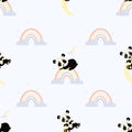 Seamless pattern. Cute sleeping panda on rainbow and playful bear cub on moon on blue background with clouds and stars Royalty Free Stock Photo