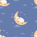 Seamless pattern with cute sleeping sheep on moon on blue background with clouds. Vector illustration. Template with Royalty Free Stock Photo