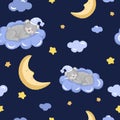 Seamless pattern with cute sleeping teddy bear, clouds, stars and moon. Royalty Free Stock Photo