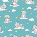 Seamless pattern with cute sleeping Teddy Bears on clouds.