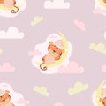 Seamless pattern with cute sleeping tiger. An animal girl in a nightcap and a blanket sleeps on the moon on a pink Royalty Free Stock Photo