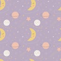 Seamless pattern of cute sleepy moons, planets, and stars on a purple background