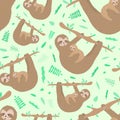 Seamless pattern of cute sloth hugs a baby. Hand-drawn illustration for kids, tropical summer, textile, print, cover, wallpaper,