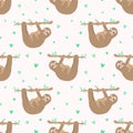 Seamless pattern of cute sloth hugs a baby with hearts. Hand-drawn illustration for kids, tropical summer, textile, print, cover,