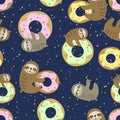 Seamless pattern. Cute sloth with sweet doughnuts. Sweet tooth. Vector