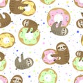 Seamless pattern. Cute sloth with sweet doughnuts. Sweet tooth. Vector Royalty Free Stock Photo