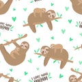 Seamless pattern of cute sloths with baby. Hand-drawn illustration of a sloth for kids, tropical summer, textile, print, cover,