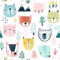 Seamless pattern with Cute Sloths. Childish Background with sweet characters and other elements