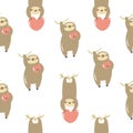 Seamless pattern with cute sloths hanging on a tree