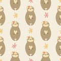 Seamless pattern with cute sloths inflower wreaths