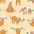 Seamless pattern with cute sloths sleeping, napping, dozing. Backdrop with adorable lazy wild exotic animal. Colored