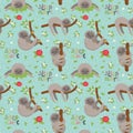 Seamless pattern with cute sloths sleeping on tropical lianas branches