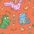 Seamless pattern with cute smart dragons on red background. Funny crocodiles wallpaper. Reading reptile poster.