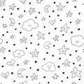 Seamless pattern with cute smiled stars, clouds and crescents. Royalty Free Stock Photo