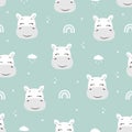 Seamless pattern with cute smiling hippopotamus isolated on blue background. Cartoon zoo. Vector illustration. Posters Royalty Free Stock Photo