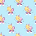 Seamless pattern with cute snail girl character. Funny kawaii insect on rainbow on blue background with clouds. Vector Royalty Free Stock Photo