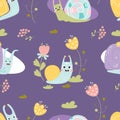 Seamless pattern with cute snails. Decorative insects molluscs with flowers and grass on purple background. Vector Royalty Free Stock Photo