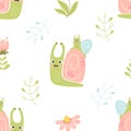 Seamless pattern with cute snails. Snail mother with baby on shell - happy family of mollusks on white background with Royalty Free Stock Photo